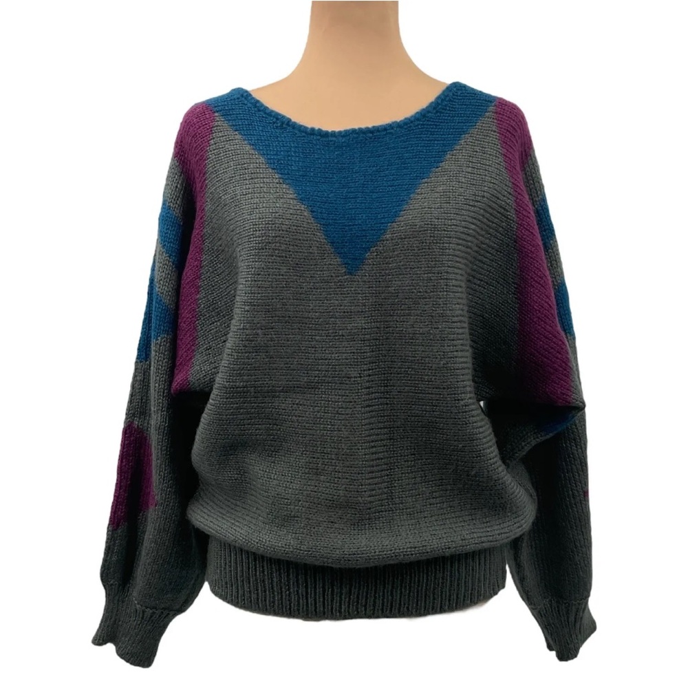 Vintage 80s Chego Sweats dd Knit Sweater Grey Blue Purple Diamonds Large 44 RARE